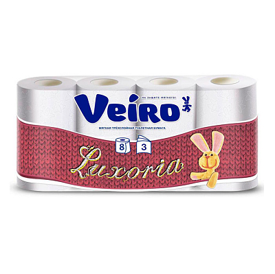 Туалетная бумага "Veiro Luxsoria", 3 слоя, белая, упакованы по 8 рулонов