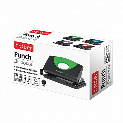 Дырокол "Hatber Eco", 10л, линейка, пластиковый корпус, металлическое основание, ассорти, в картонной упаковке