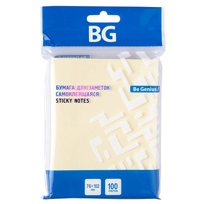 Бумага для заметок "BG", 76x102мм, 100л, жёлтая, клеевой край, в пакете