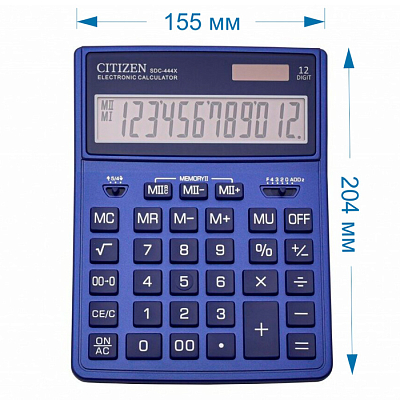 Калькулятор настольный "Citizen", SDC-444XRNVE, 12-разрядный, 155x204x33мм, синий