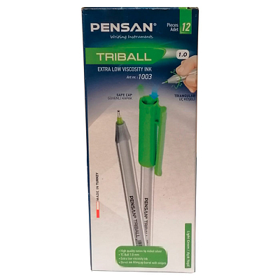Ручка шариковая "Pensan Triball", 1мм, салатовая, трёхгранный серебристый корпус