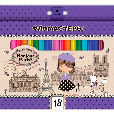 Фломастеры "Hatber VK", 18 цветов, серия "Парижанка", в картонной упаковке