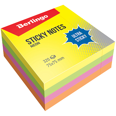 Бумага для заметок "Berlingo Ultra Sticky", 75x75мм, 320л, 4 неоновых цвета, клеевой край, в плёнке