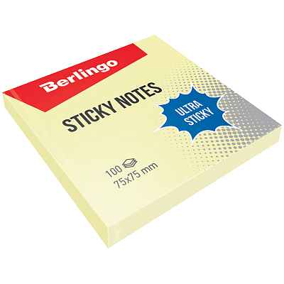 Бумага для заметок "Berlingo Ultra Sticky", 75x75мм, 100л, жёлтая, клеевой край, в пакете