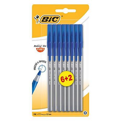 Ручка шариковая BIC Round Stic Exact, 0,8мм, синяя, 6+2шт в блистере