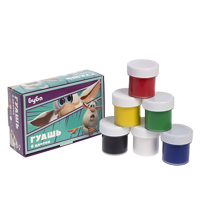 Гуашь "Hatber", 6 цветов, 10мл, серия "Буба", в картонной упаковке