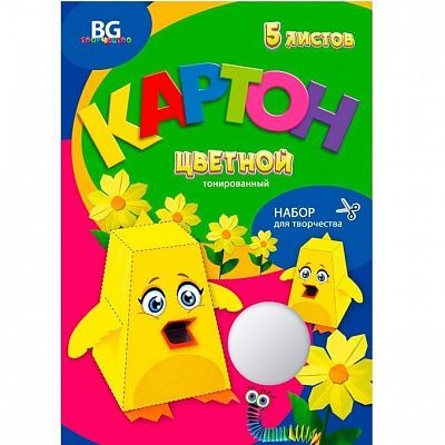 Набор цветного картона "BG", 5л, А4, тонированный, серия "Забавные животные", в папке