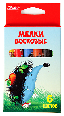 Мелки восковые "Hatber", 6 цветов, 11мм, круглые, серия "Ёжики", 6шт в картонной упаковке