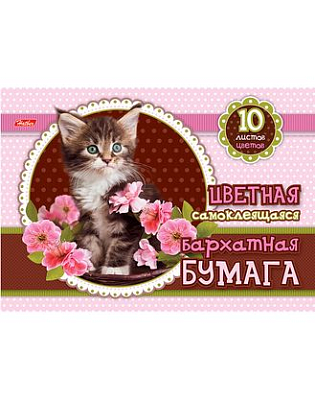 Набор цветной бархатной бумаги "Hatber", 10л, 10цв, А5, самоклеящаяся, в папке, серия "Котёнок в цветах"