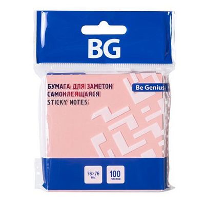 Бумага для заметок "BG", 76x76мм, 100л, розовая неон, клеевой край, в пакете