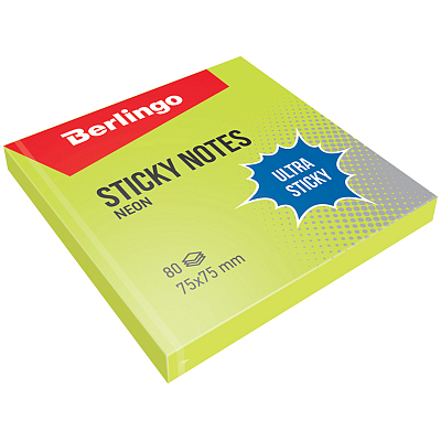 Бумага для заметок "Berlingo Ultra Sticky", 75x75мм, 80л, зелёная, неоновая, клеевой край, в пакете