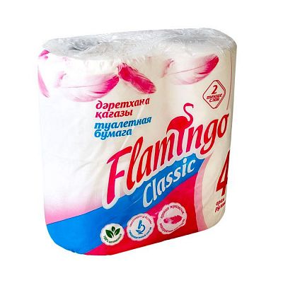 Туалетная бумага "Flamingo Classic", 2 слоя, белая, упакованы по 4 рулона