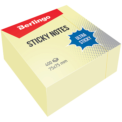 Бумага для заметок "Berlingo Ultra Sticky", 75x75мм, 400л, жёлтая, клеевой край, в плёнке