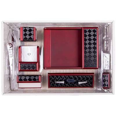 Настольный набор "Delucci", 8 предметов, красное дерево, отделка вставками под чёрную кожу