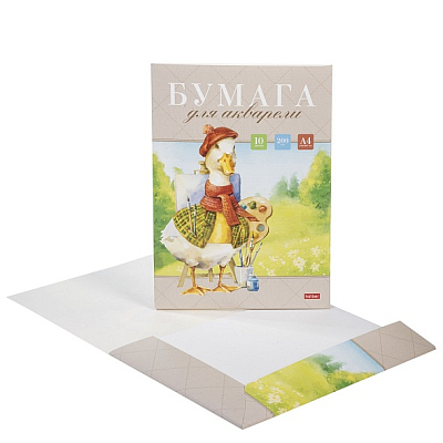 Набор бумаги для акварели "Hatber", 10л, А4, 200гр/м2, тиснение, в папке, серия "Гусь-художник"