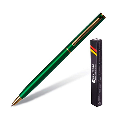 Ручка шариковая "Brauberg Slim Green", 1мм, синяя, металлический зелёный корпус, детали золото, поворотный механизм