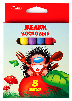 Мелки восковые "Hatber", 8 цветов, 11мм, круглые, серия "Ёжики", 8шт в картонной упаковке