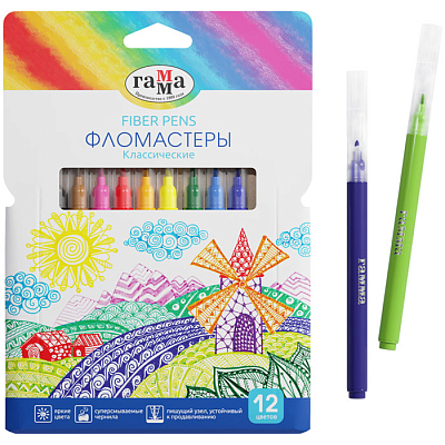 Фломастеры "Гамма", 12 цветов, серия "Классические", смываемые, картонная упаковка