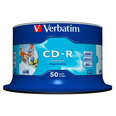 Диски CD-R, 700MB Verbatim, 50 шт в тубе Printable (поверхность для струйной печати)